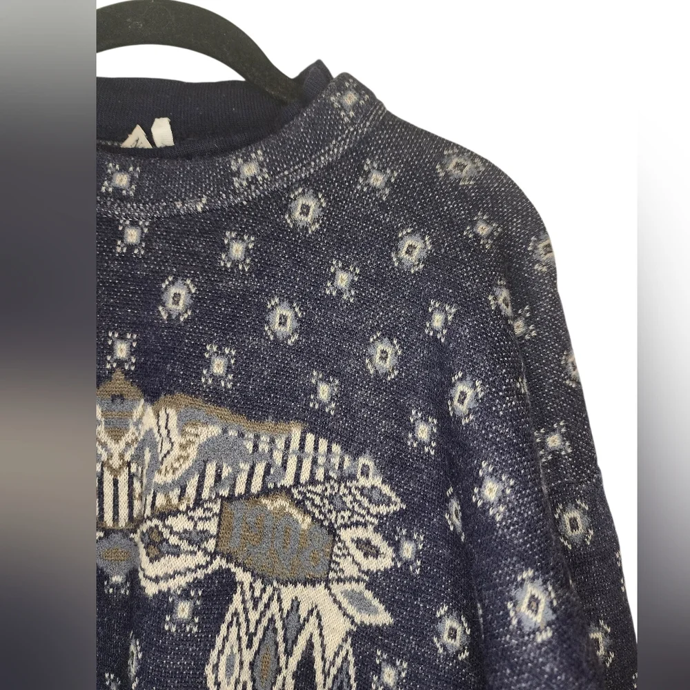 NANI BON of Italy Vintage Navy Blue Abstract Knit Mock Neck Wool Blend sweater L